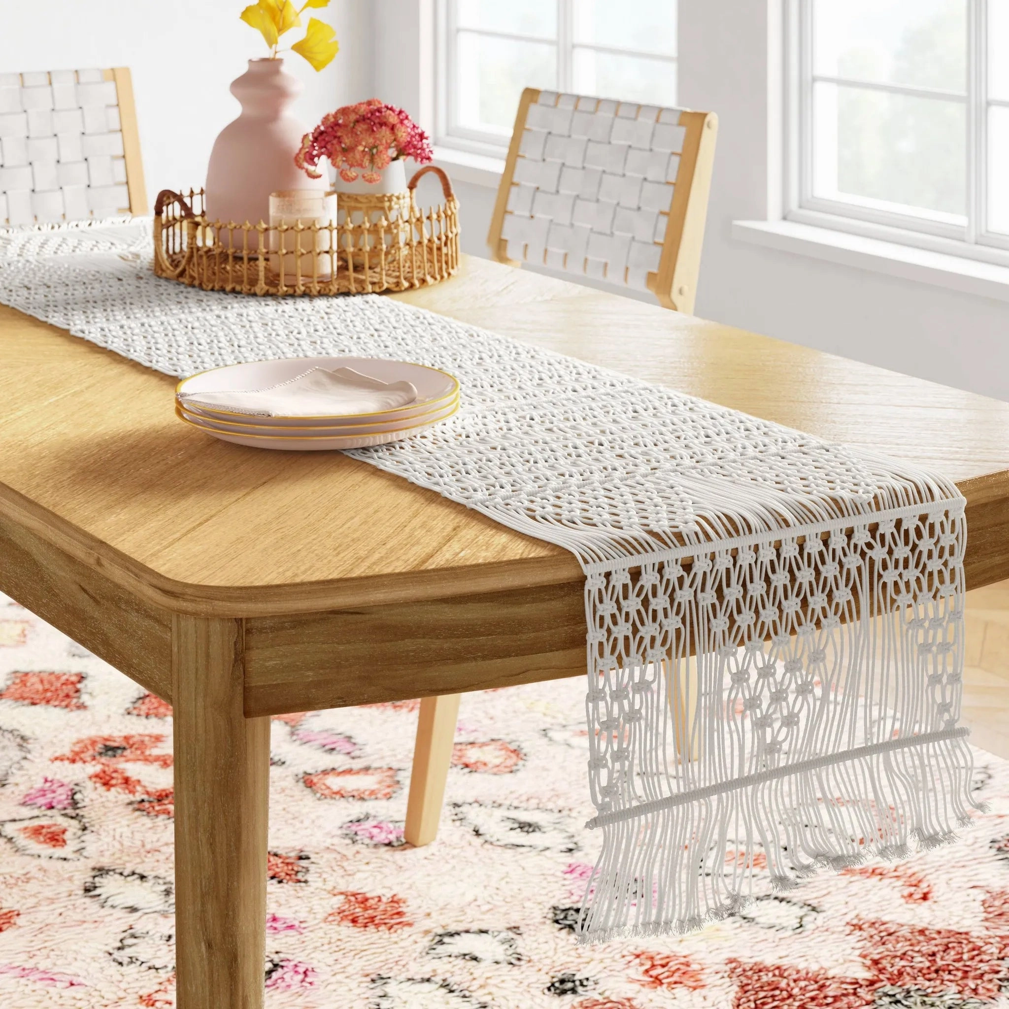 72" x 14" Cotton Macrame Runner White