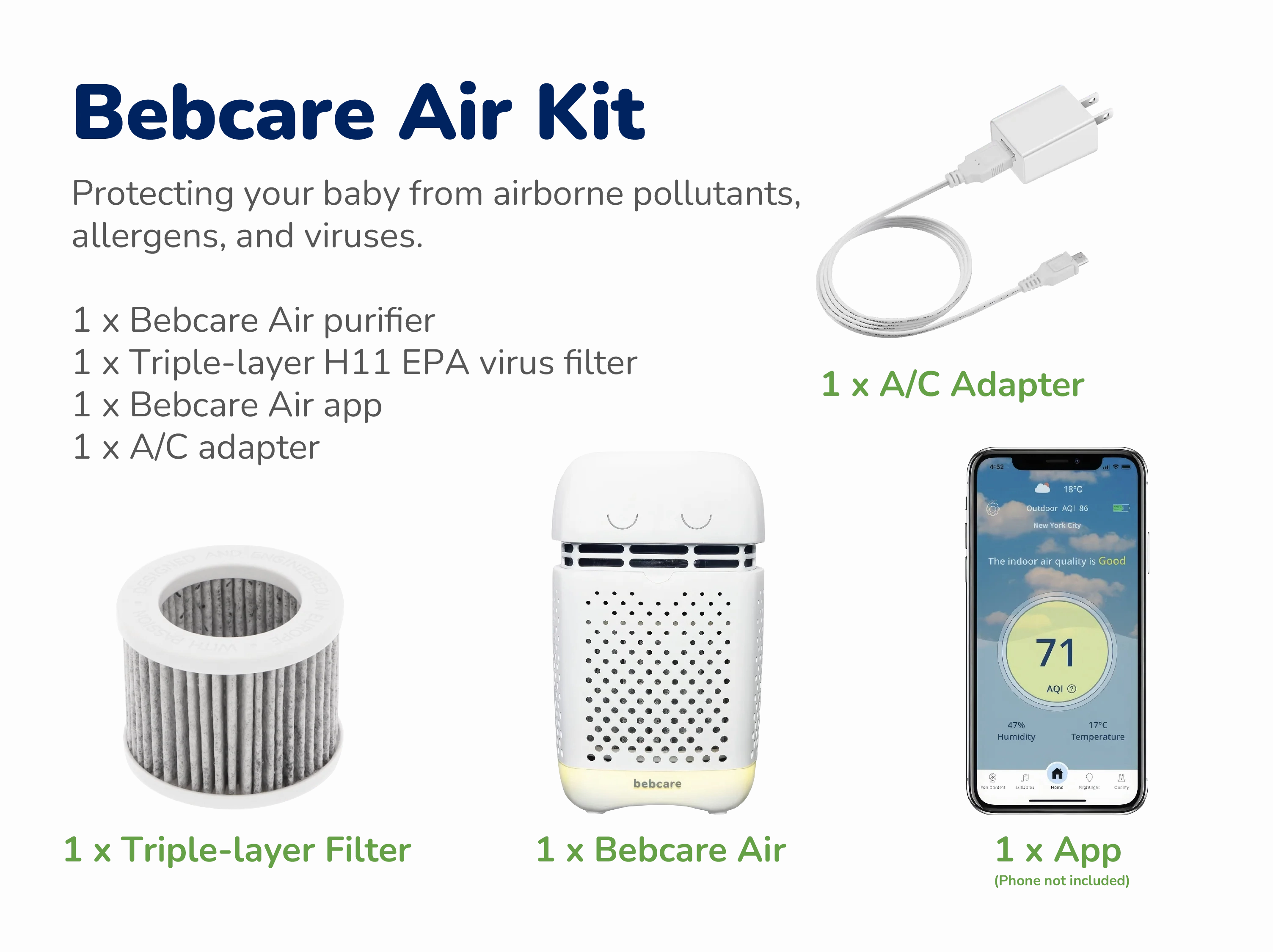 Bebcare Air Light-Weight Portable Purifier With H11 EPA Virus Filter