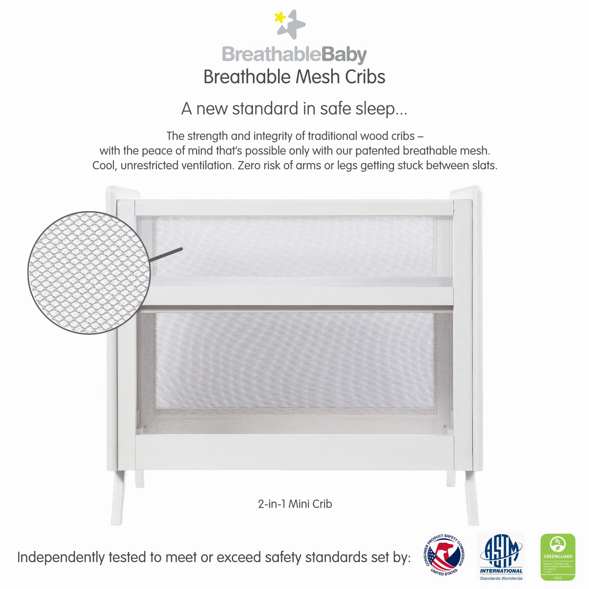 Breathable™ Mesh 2-in-1 Mini Crib — White — Greenguard Gold Certified