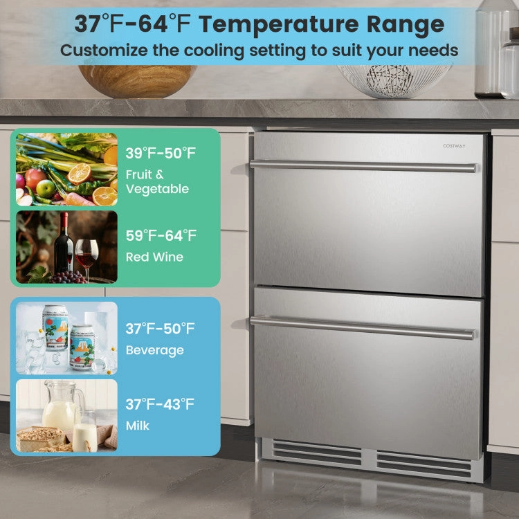 Costway 24 Inch Under Counter Dual Drawer Fridge with 37℉-64℉ Temperature Range