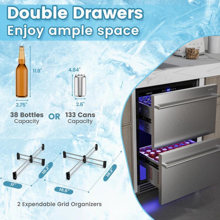 Costway 24 Inch Under Counter Dual Drawer Fridge with 37℉-64℉ Temperature Range