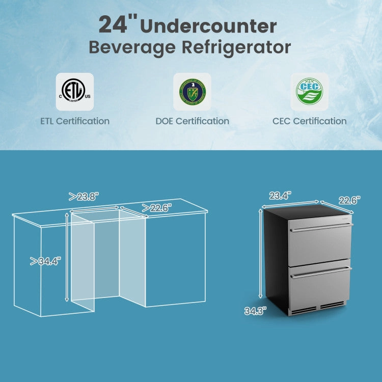 Costway 24 Inch Under Counter Dual Drawer Fridge with 37℉-64℉ Temperature Range
