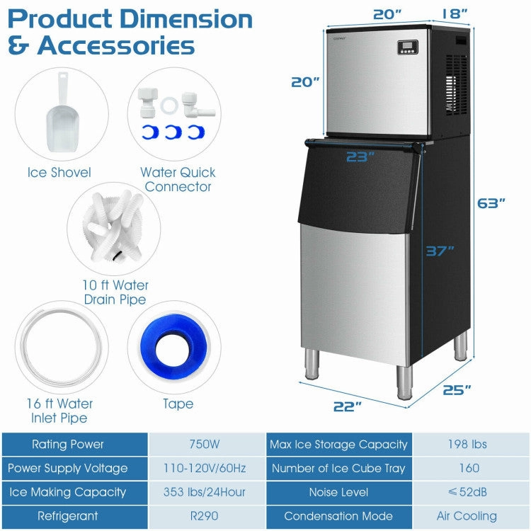 Costway 353LBS/24H Split Commercial Ice Maker with 198 LBS Storage Bin