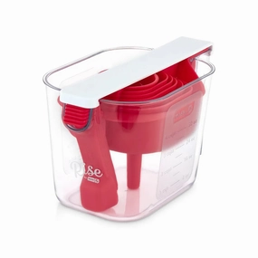 Essentials 15 Piece Nesting Measuring Set With 6 Measuring Spoons, 4 Dry Measuring Cups, Funnel, Leveler, Egg Separator & Sifter - Red