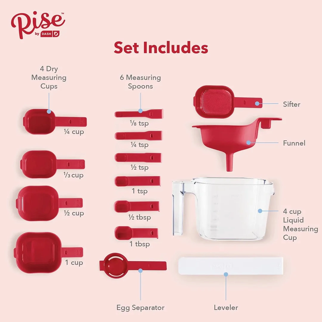 Essentials 15 Piece Nesting Measuring Set With 6 Measuring Spoons, 4 Dry Measuring Cups, Funnel, Leveler, Egg Separator & Sifter - Red
