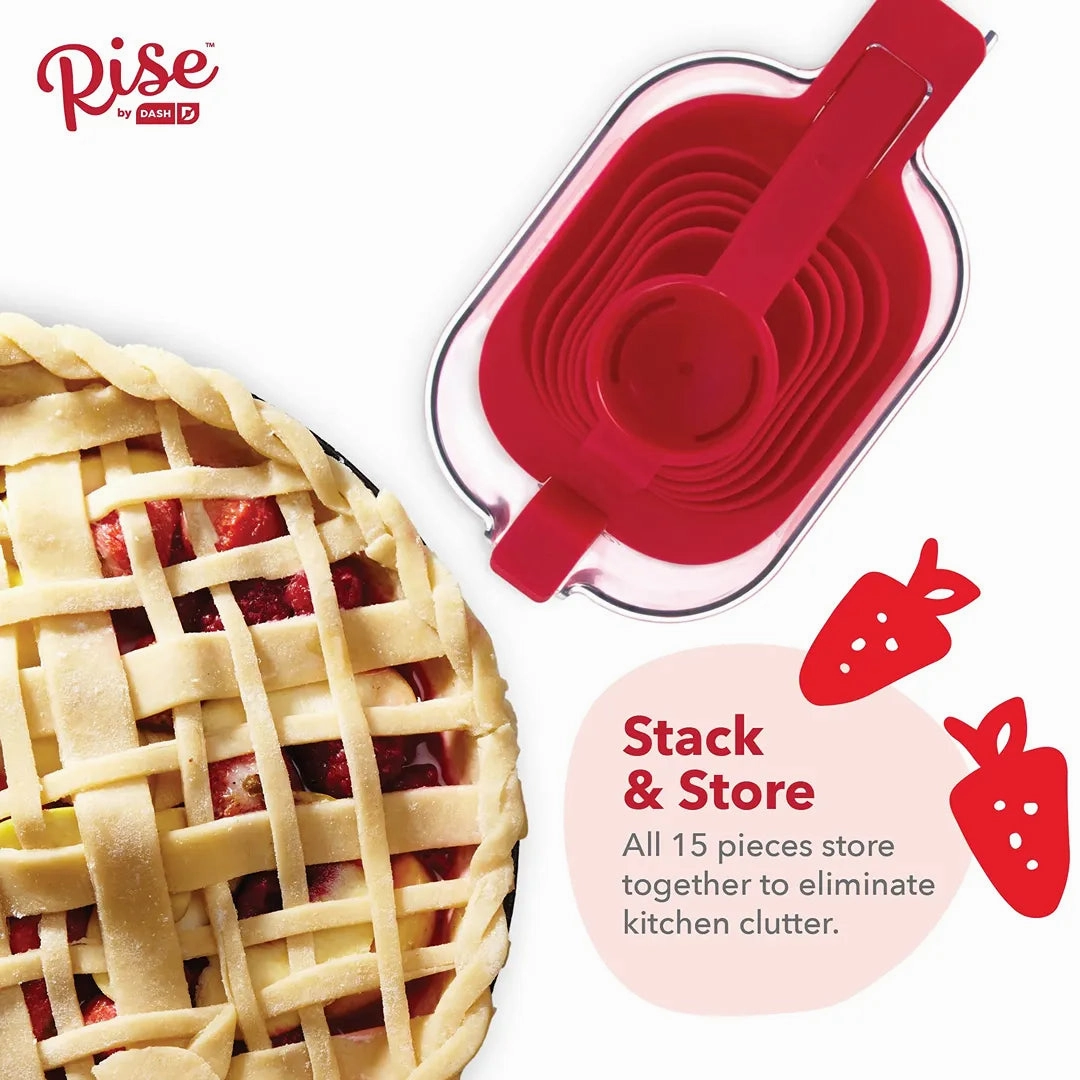 Essentials 15 Piece Nesting Measuring Set With 6 Measuring Spoons, 4 Dry Measuring Cups, Funnel, Leveler, Egg Separator & Sifter - Red