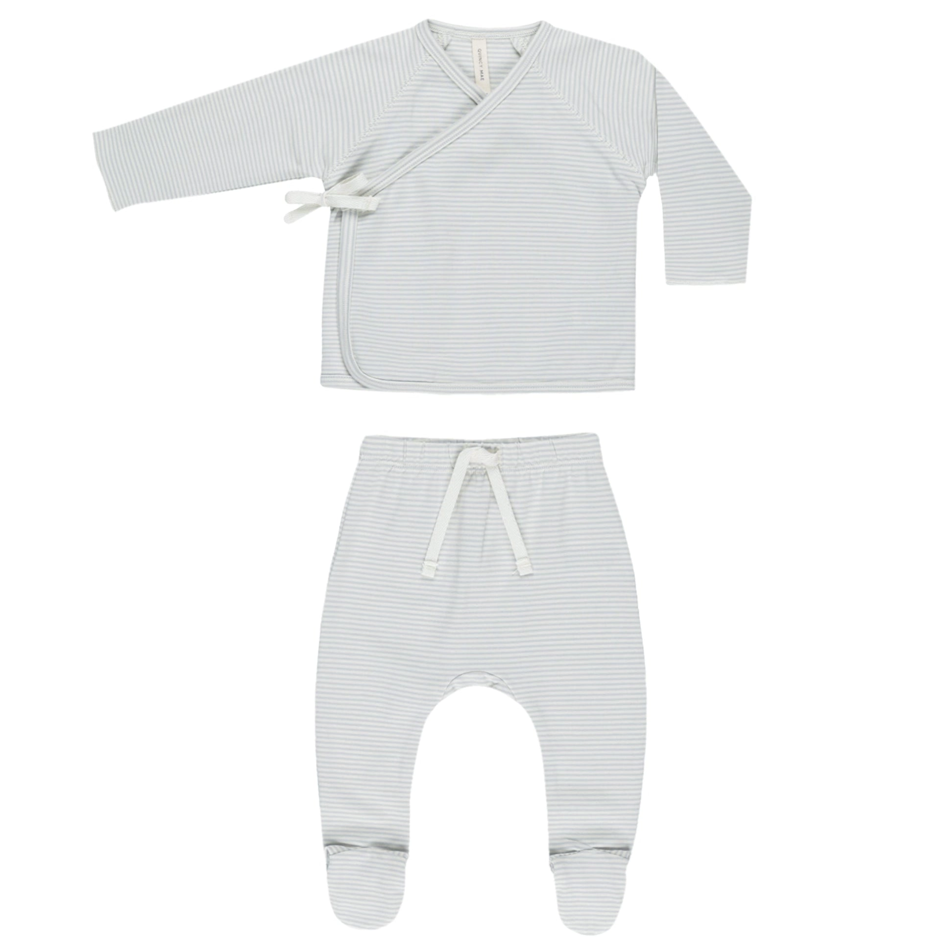 Wrap Top   Footed Pant Set - Sky Micro Stripe