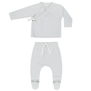Wrap Top   Footed Pant Set - Sky Micro Stripe